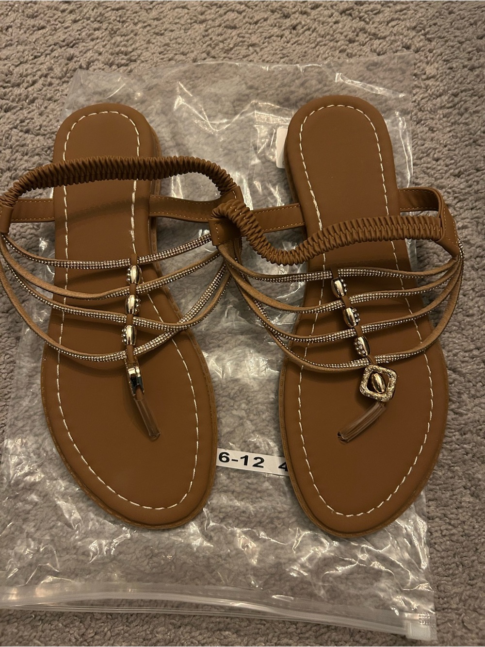 Boho Rhinestone Strappy Sandals Tan Beach Sandals Women’s Size 9